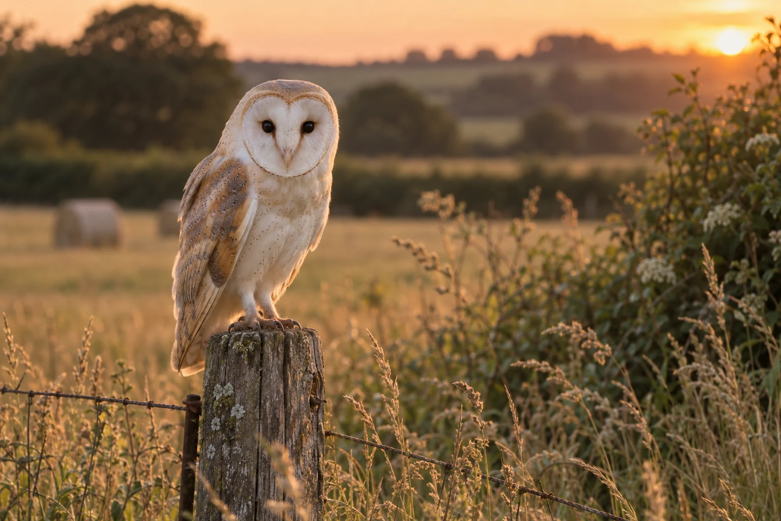 Barn owl perched on a fence post at the edge of a hay meadow