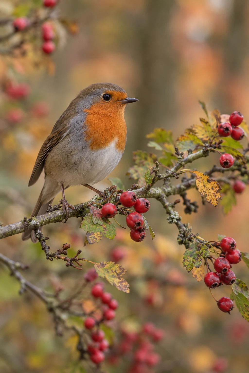 Robin perched on a hawthorn twig with red berries