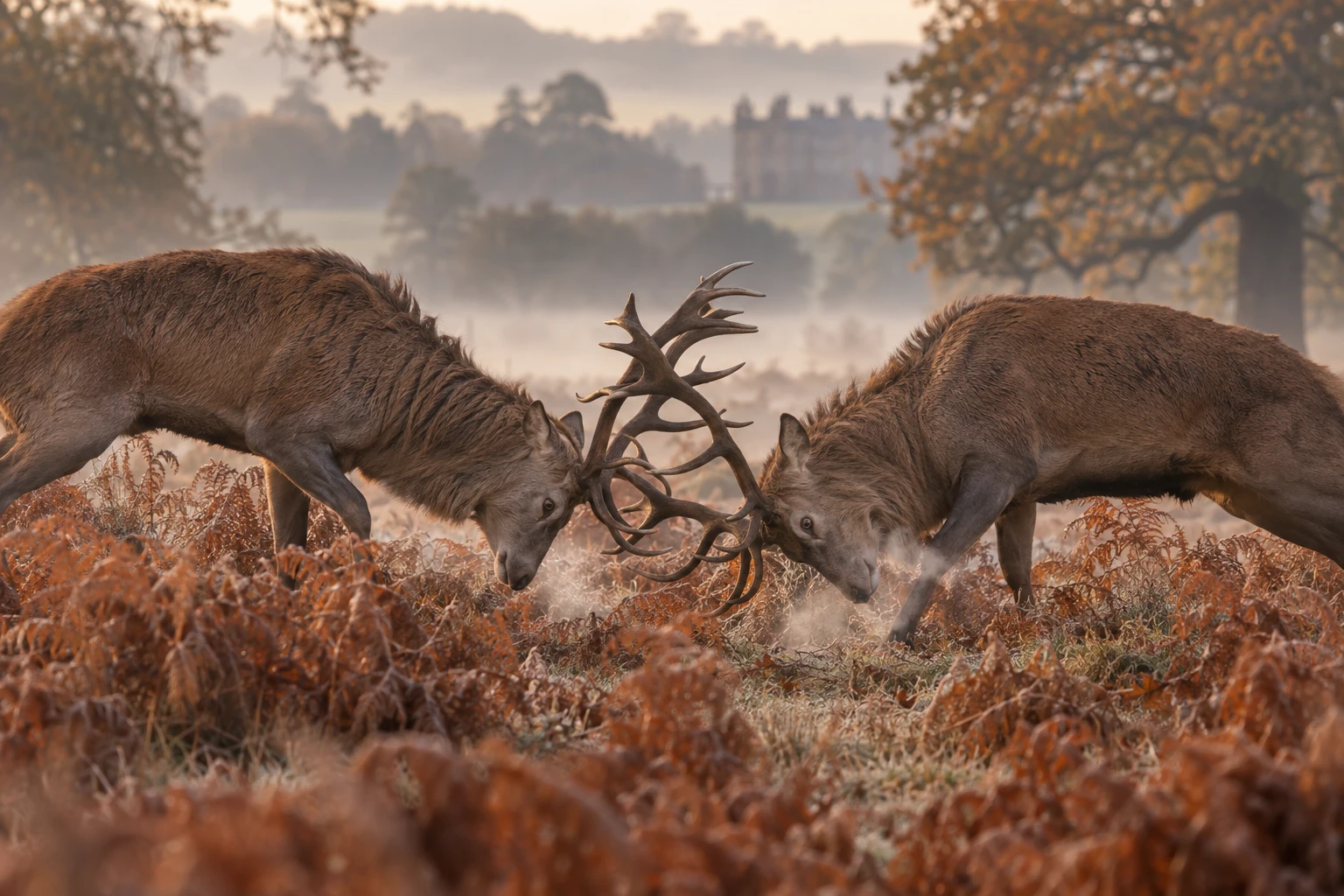 Two red deer stags locking antlers in a misty deer park